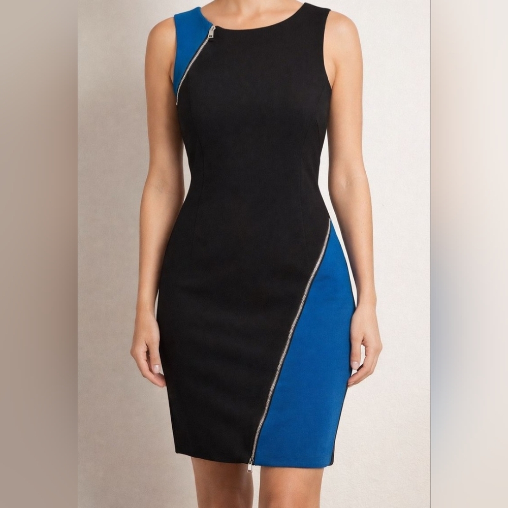 DKNY Black Blue Colorblock Fitted Dress Size 8